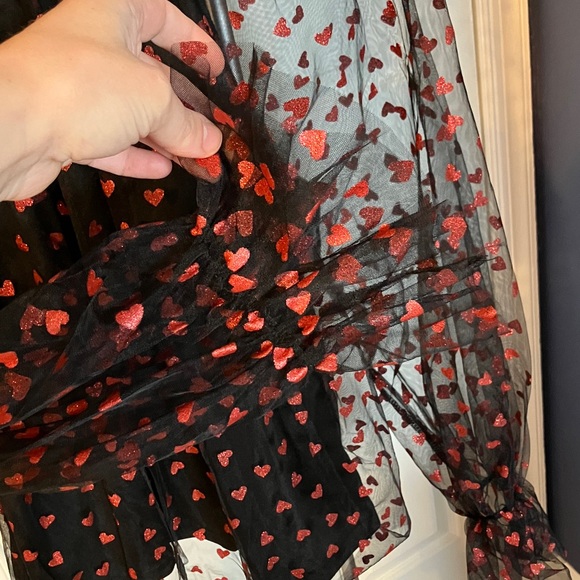 Shein Valentine Sparkle Hearts Long Sleeve Sheer Top Red & Black L - Picture 2 of 6